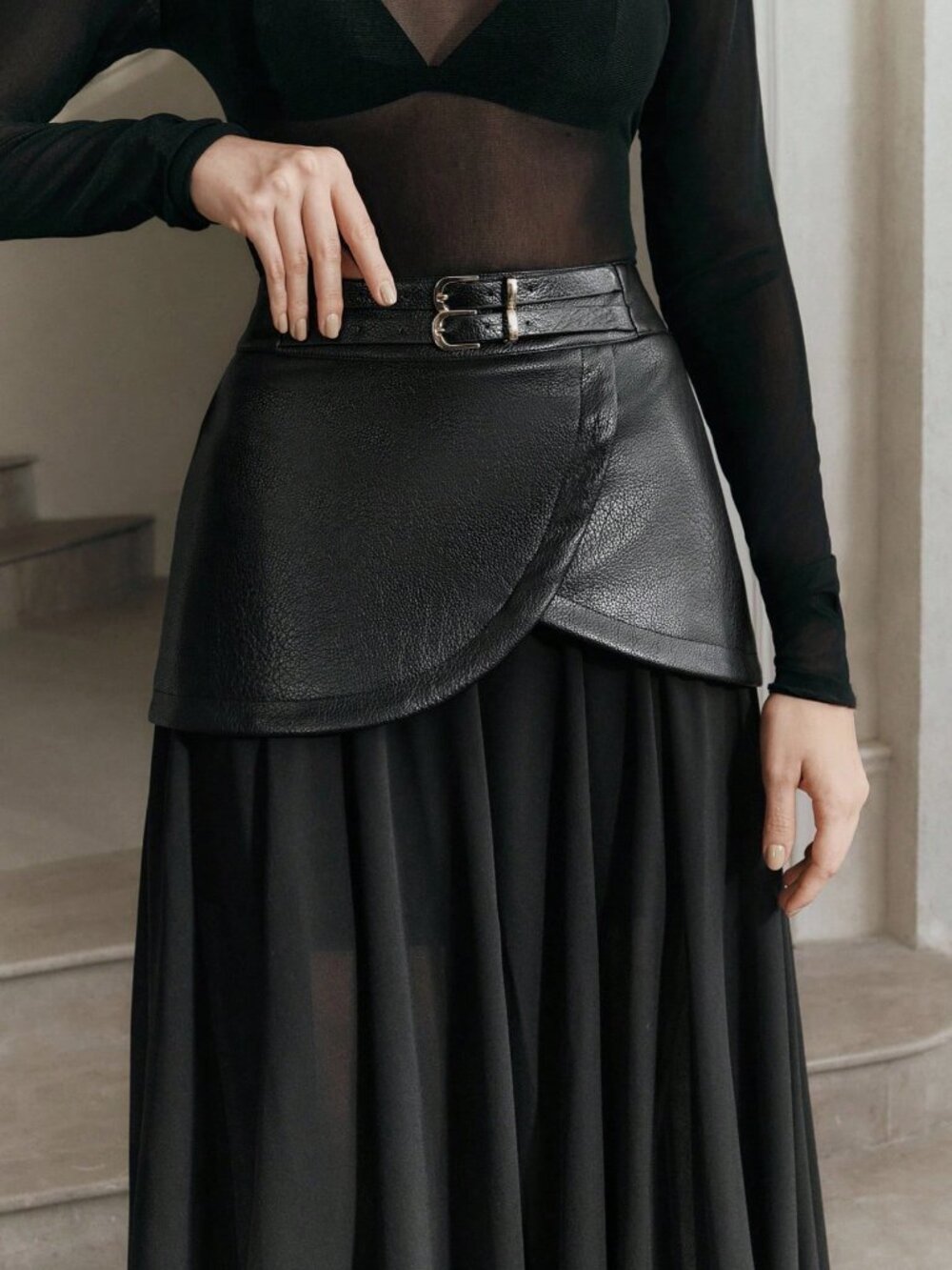 Black Casual Women's High Waist Double Belt Chiffon Patchwork Long Skirt